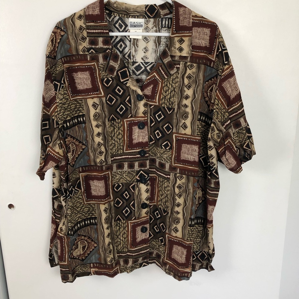 Basic Editions Women’s 22W Geometric Pattern Shirt - Brown, Black, Tan